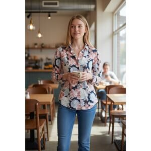 2/$30 ZARA Top Size S Navy Blue Pink Floral Blouse Long Sleeve